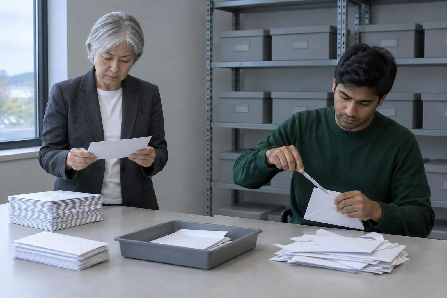 Two billing staff sort and open returned payer mail at a long worktable in a plain back office on an overcast autumn morning.