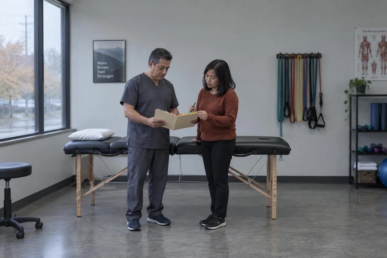 A clinic owner and a billing consultant lean over an open folder bristling with coloured tabs in a physical therapy clinic.