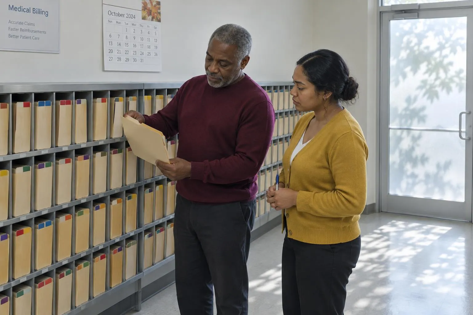 A veteran biller and a younger colleague study a tan folder drawn from a wall rack of sorted claim folders.