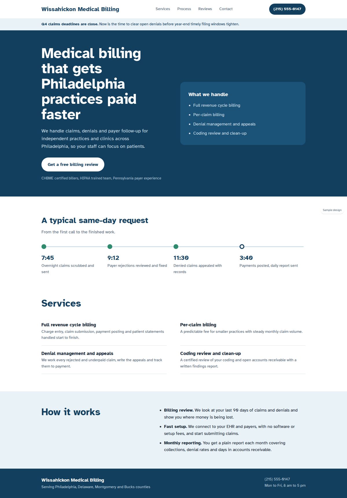 Full page of a sample business website, desktop view