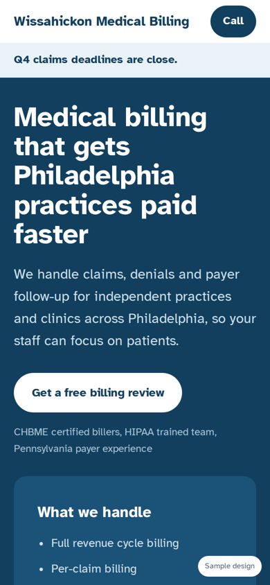Sample business website, mobile view